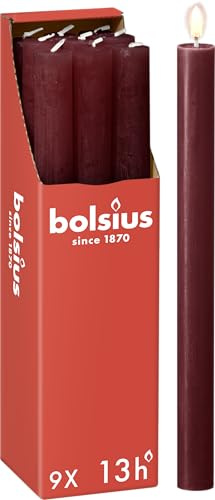 Bolsius Rustic Dinner Candles - Dark Red - Pack of 9 - Long Burning Time of 13 Hours - Interior Decoration - Unscented - Includes Natural Vegan Wax - 27 x 2.3 cm