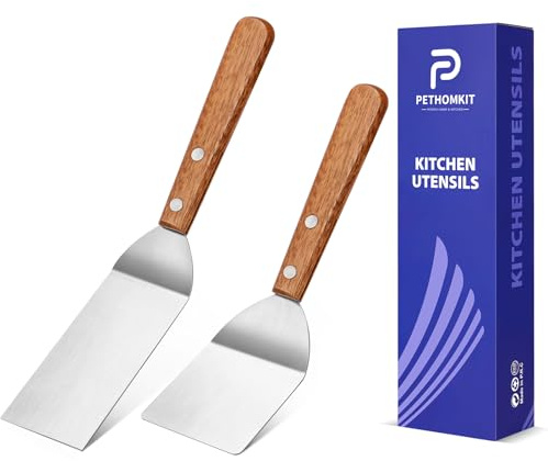 PETHOMKIT Liten mini liten metall spatel vändare set med trähandtag, 2 st | Solid, tunn, liten liten rostfritt stål skrapspade flippserver, för grill stekpanna, kock, brownie kaka bakning