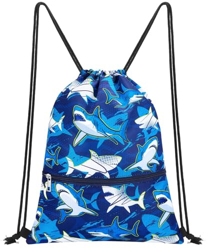 WAWSAM Shark Drawstring Bag for Kids - Gym DrawString Bag for kids Swim Bags Boys Sports Draw String Bag Waterproof Beach Sport Gym String Bags with Zipper Pocket Cinch Backpack for Boys