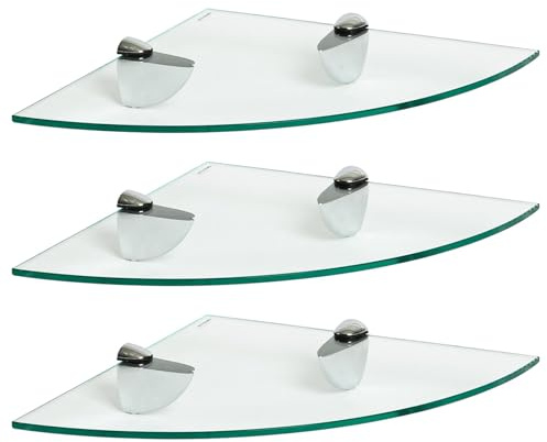 Harbour Housewares 3X Clair 30cm Étagères d'angle en Verre Flottant - Salle de Bain Douche Cuisine Rayonnage Stockage Unité d'Affichage avec Supports Argentés