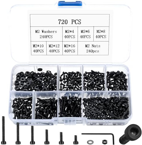 720 Piezas M2 Tornillos, Tuercas y Arandelas Set - Kit de Cabeza Hueca Hexagonal de Máquinas y Allen en Negro