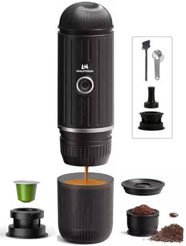 Portable Espresso Coffee Maker Electric Expresso Maker Self Heating Battery Powered, 19 Bar Pressure, Coffee Machine with Ground Coffee & NS Capsule for Travel,Outdoors，Camping,RV,Hiking,Office(Black)