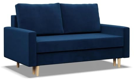 Mebligo - Schlafsofa Mit Schlaffunktion und Bettkasten Blank, 2 Sitzer 152 cm Breit, Bonellfederkern im Sitz, Ausziehbares Couch auf Holzfüßen, Wohnzimmer - Blau