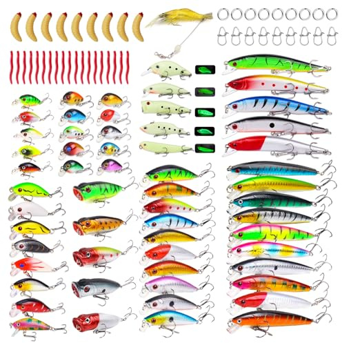TSKS 105pcs/set Fishing Artificial Lures Kit Mixed with Front Diving Fin Minnow Surface Popper Crank Baits Pencil VIB with Hook and Soft Lures Accessories for Saltwater Freshwater Trout Bass Tackle