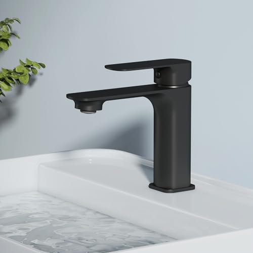 EMKE Wasserhahn Bad Ultrathin Design, 166 x 152 x 45 mm, Messing, Schwarz Matt, Keramikkartusche, Mischbatterie Waschbecken-Armatur, Waschtischarmatur mit Luftsprudler, einfache Installation