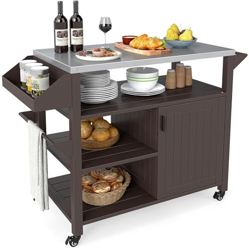 COSTWAY Carrito de Barbacoa con Estante Abierto y Armario, Cocina Exterior con 4 Ruedas 360°con Freno, Encimera de Acero Inoxidable, Mueble para BBQ para Picnic, Fiesta, 116 x 50 x 87 cm