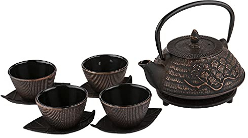 lachineuse - Set da tè in ghisa con motivo a fiori di ciliegio - 1 teiera, 4 tazze in ghisa e filtro infusore - Capacità 0,8 l - Decorazione giapponese asiatica - Colori nero e bronzo