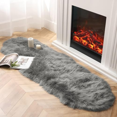 JXLOULAN Soft Fluffy Faux Sheepskin Rugs Dark Grey 80x180 cm Faux Fur Area Rugs for Bedrooms Living Room Kids Rooms Décor