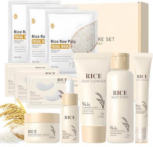 Riso Kit Skincare Viso Completo, 11 Pezzi Riso Skincare Kit, con Crema Viso Donna, Siero Idratante Viso, Eye Cream, Patch Occhi Essence, Cleanser, Tonico, Face Mask, Nutriente e Idratante