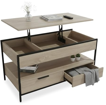 Mesa de Centro Relaxdays, elevable, 2 cajones, 4 Compartimentos, 48 x 100 x 50 cm, Mesa Industrial, Madera Clara/Negro