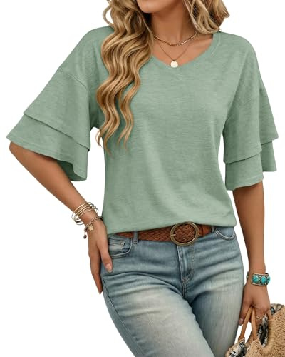 WNEEDU Camisetas Mujer Cuello en V Mangas con Volantes Blusas Mujeres Mangas Cortas Camisas Túnicas Casuales Primavera Verano Otoño T-Shirt Verde Guisante XXL