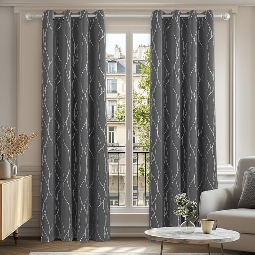 Deconovo Soft Dotted Line Foil Printed Blackout Curtains Thermal Insulated Curtains Eyelet Energy Efficiency Room Darkening Curtains for Bedroom 52 x 72 Inch Light Grey 2 Panels