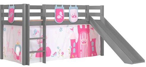Vipack Spielbett Pino inkl. Rutsche mit Textilset Vorhang und 3 Taschen Princes Kiefer massiv grau lackiert