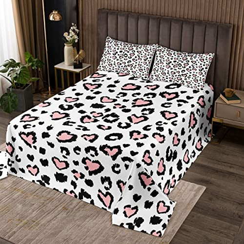 feelingyou Tagesdecke mit Herz-Leopardenmuster,Kawaii,niedliche rosa Tierhaut-Bettwäsche,Bettdecke für das ganze Jahr über,dekoratives Polyester mit Gepard,gesteppt,für Jungen und Teenager,weich