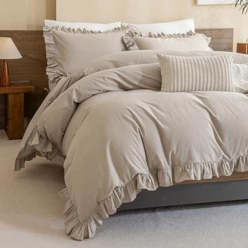 QSH Washed Cotton Queen Duvet Cover Set Ruffle Duvet Cover Linen Textured Farmhouse Shabby Vintage Chic Bedding Comforter Cover 3 PCs Aesthetic French Country Queen Bed Set