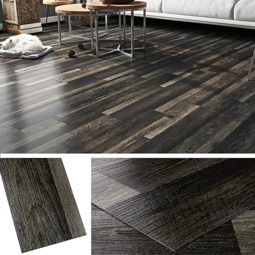 Livelynine Dicke PVC Bodenbelag Selbstklebend Holzoptik Dunkel 90x15CM 36-Stück Vinylboden Selbstklebend Holzoptik Schwarz Retro Klebefliesen Boden Küche Badezimmer PVC Boden Holzoptik Dunkel Flur