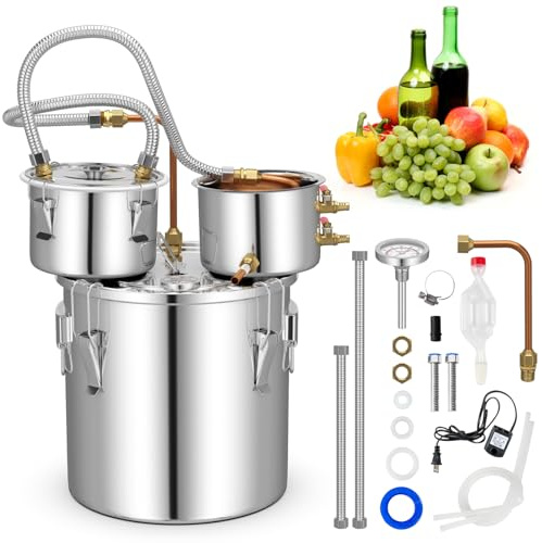 GiantexUK 3 Pots Home Distiller Moonshine Still, 5 Gal 22L/ 8.5Gal 38L Stainless Steel Water Alcohol Spirits Boiler Brewing Kit with Copper Tube, Thermometer & Pump, Wine Making Kit for Brandy (22L)