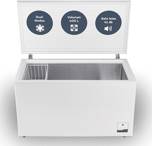 SCHOEPF – GT400S Gefriertruhe 400 L – Weiß – 83,5 x 136,5 x 73,5 cm – Dual Modus – Schnellgefrieren – 41 dB – 263 kWh/Jahr – 4-Sterne-Kennzeichnung – Freistehend