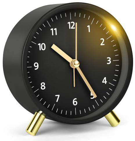 HOTUT Reveil Analogique Silencieux, Réveil Analogique Classique avec Veilleuse, Réveil Matin Silencieux sans Tic-Tac, Snooze Réveil Chevet Simple Décorative pour Chambre Chevet-Noir