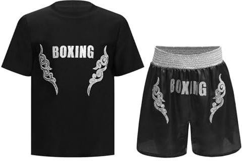 TSSOE Ensemble Boxe Thai Enfant Garçon Short de Boxe T-shirt Kick Boxing Costume Entraînement Combat Muay Thai MMA Noir argent 5-6 ans