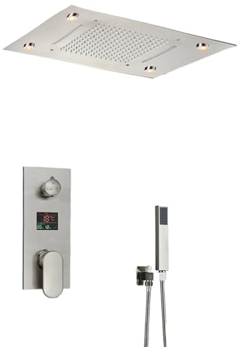 Cabezal de ducha de techo negro empotrado con control remoto, LED, efecto lluvia, grifo oculto de cascada de alto caudal(Brushed full set A)