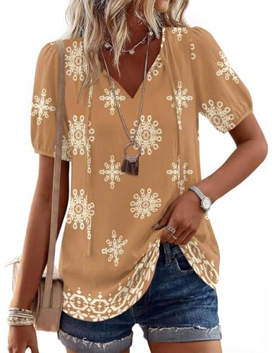 ABINGOO Camisa Verano Mujer Manga Corta Cuello en V Elegante Bohemia Blusa Holgada Casual Camiseta Playa