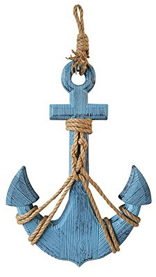 Waroom Home Wooden Anchor with Rope and Crossbar, Blue Wood Nautical Decor Anchor Wall Hanging Ornament Plaque, 18’’H 12.5’’W