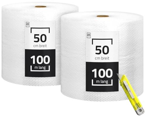 2 Rollen Luftpolsterfolie 50cm x 100m (100m2) Polsterfolie Blasenfolie Knallfolie - Stärke 50my - Verpackungsfolie + Trimmesser
