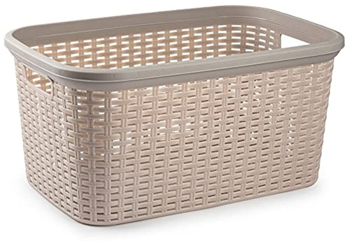 Tradineur - Cesta de plástico Rattan con Asas, Recipiente para la Colada, diseño imitación de Mimbre, lavandería, hogar, Fabricada en España (Topo, 35 litros, 26,5 x 53,5 x 36 cm)