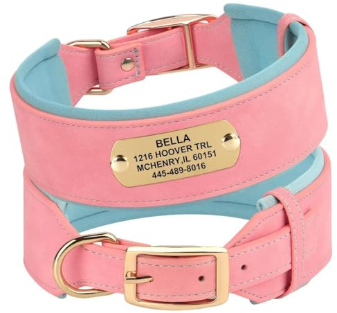 PET ARTIST Personalisierte PU-Leder Hundehalsband für mittlere große Hunde mit weich gepolstert Benutzerdefinierte gravierte Namensschild, Bequeme rosa Hundehalsband für Mädchen