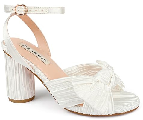 Zzheels Women's Bow Knot Heeled Sandals Open Toe High Block Ankle Strap Chunky Heels Bride Wedding Shoes White US8.5
