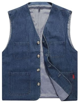 LApooh Men's Denim Vest Gilet, Casual Cotton Utility Vest Button Up Outdoor Pocketed Waistcoat, Vintage Sleeveless Jacket Cowboy Jeans Waistcoat Outwear, Blue, 3XL