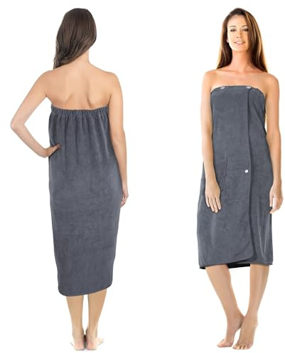 Jokisa Paréo de sauna pour femme, serviette de sauna avec boutons – Serviette de sauna femme en microfibre 400 g/m², avec poches et bande élastique, convient pour sauna, salle de bain, piscine (gris)