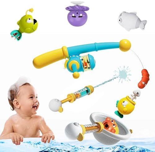 SPITZER TOYS® Juego de Pesca, Juguete de Pesca para bañera, Juego de Pesca de 8 Piezas con Pistola de Agua y Red de Pesca, Pesca magnética con simpáticas Figuras y Vivos Colores, a Partir de 18 Meses