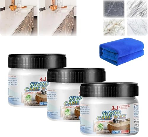 Cera de pulido de mantenimiento de piedras, cera de cuidado de pulido de piedra, limpiador y pulido de granito, cera de cuidado natural manual para muebles de piedra y azulejos (3 piezas)