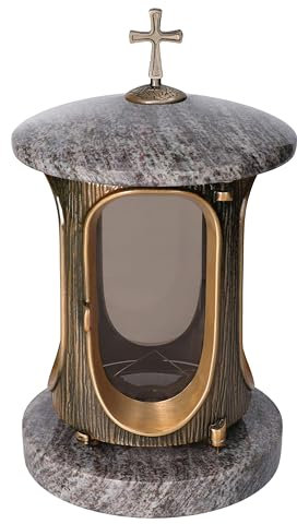 Lanterne funéraire Granit Vanga Hauteur 23 cm/Ø 15 cm Lanterne en Granit élégante Lampe funéraire Lumière funéraire Bronze avec Socle (Orion)