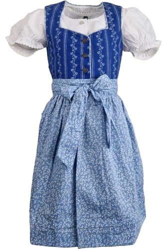 Maddox Children's Dirndl Gabriella 3-Piece – Girls' Dirndl with Blouse and Apron – Festive Costume Dress in Blue White – Costume for Oktoberfest, Folk Festival & Church Consecration – Cotton, blue