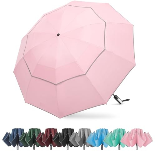 G4Free 137 cm vindtätt inverterat paraply med reflekterande rand, stort kompakt omvänt golfreseparaply för regn 10 spröt dubbel baldakin automatisk öppning (rosa)
