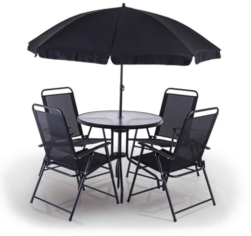 Practixx Balkonmöbelset 6-TLG mit neigbarem Sonnenschirm, Glastisch & 4 Klappstühlen Terrassenmöbelset Campingset Gartenset Balkonset schwarz anthrazit | Patioset grau Festival Garten Terrasse Balkon