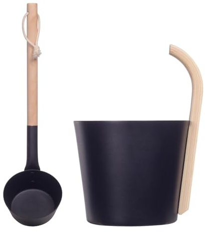 JIEBWCHA Sauna Bucket, Sauna Bucket Set, Luxury Finnish Sauna Aluminium Bucket, 7 L Sauna Complete Set, Sauna Bucket with Ladle, Made of Black Aluminium + Wooden Handle, Classic