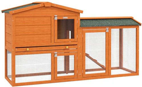 PawHut Hasenstall 2 Ebenen Kaninchenstall aus Tannenholz Winterfest Doppelstockhaus mit Freilaufgehege Wanne Rampe 150x45x85 cm Kaninchenkäfig Outdoor Kleintierstall für Hasen Meerschweinchen Orange