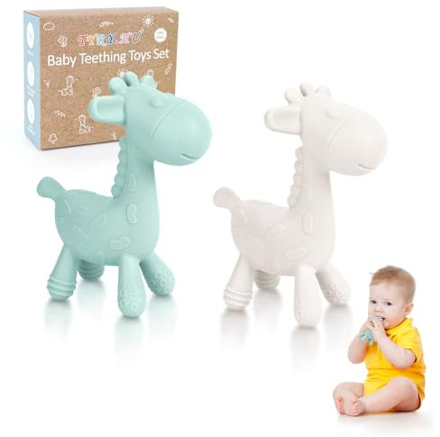 TYRY.HU Beißring Baby Silikon Beißspielzeug kühlend Zahnungshilfe Giraffe Kauspielzeug Greifling Sensory Kühlender Hirsch Kinder Relief Beißring 3 6 12 Monate Geschenke für Jungen und Mädchen 2 Stück