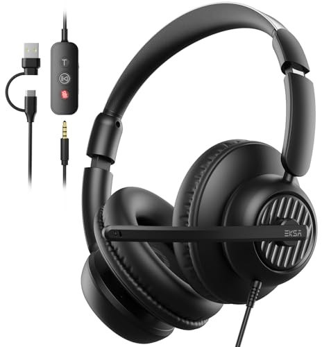 EKSA H8 Auriculares USB con micrófono,Cascos con Microfono Cancelación de Ruido,Controles en Línea, Auriculares con Cable 3.5mm/USB A+C para Centro de Llamadas/Oficina/Zoom