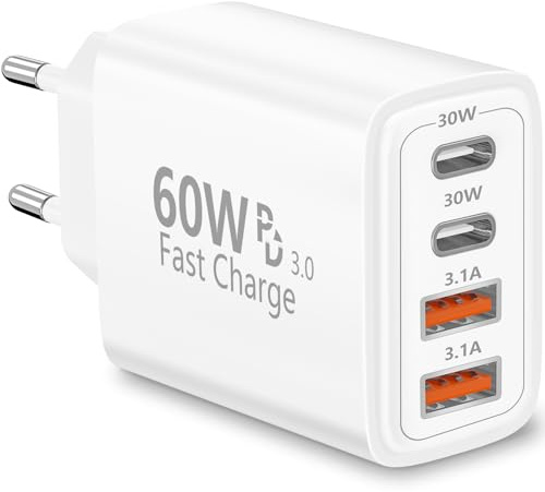 Caricabatterie USB C, Rombica 60W 4-Port Presa Caricabatterie Rapido USB C, Multipla Settore Doppio PD+QC 3.1A Tipo C Adattatore per iPhone 17 17 Pro Max 16 Pro 15 14 13 12 11 XS XR, Samsung Galaxy