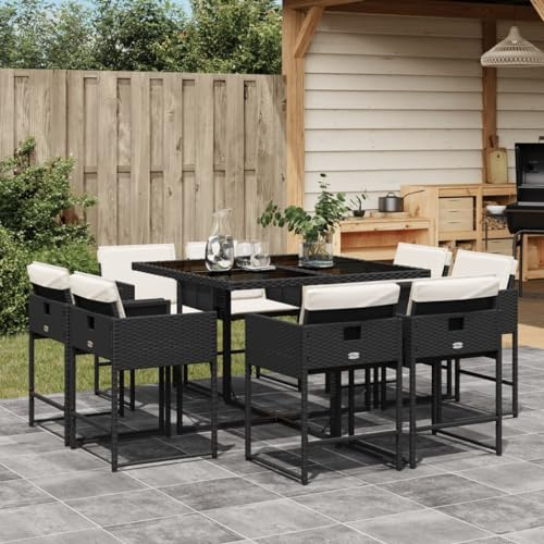 QJBSAVVA 9-TLG. Gruppo da pranzo da giardino in rattan nero PE bianco crema cuscino pieghevole sedie 110×106×73 cm tavolo balcone terrazza