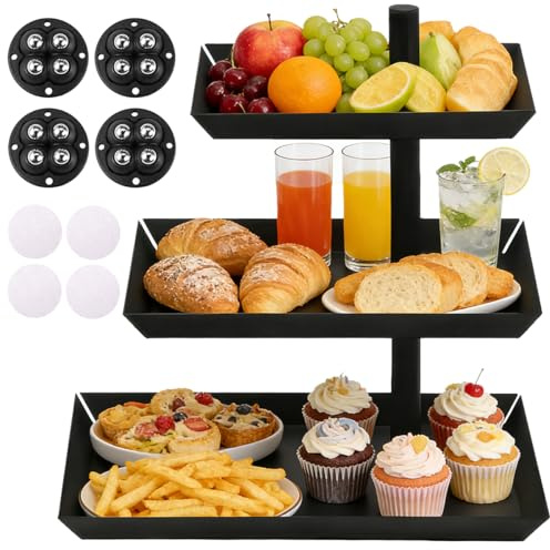 Fruteros de Cocina 3 Pisos, 24,7 x 15,8 x 26,6 cm, Fruteros de Cocina Modernos de Metal, Cesta de Frutas con Ruedas Autoadhesivas, Soporte de Frutas para Almacenar Fruta, Verdura y Pan (Negro)