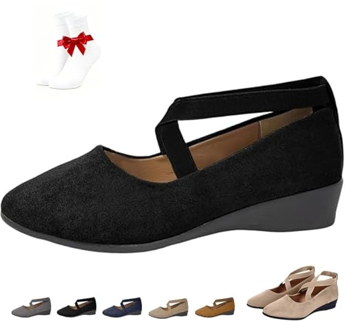 Ballerinaskor Dam med Låg Kilklack, Slip-On Damskor med Korsade Elastiska Remmar, Rund Stängd Tå för Kontor Bröllop Fest och Vardagsbruk