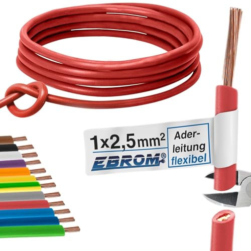 H07V-K Câble de câblage simple flexible en PVC 2,5 mm² Rouge Plusieurs longueurs disponibles par incréments de 5 m Longueur : 10 m 2,5 mm²