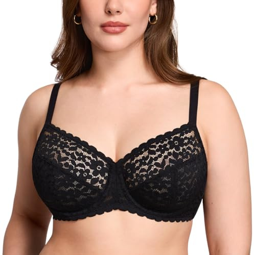 DOBREVA Reggiseno Minimizer Riducente Pizzo con Ferretto Senza Imbottitura Taglie Forti Nero 4E