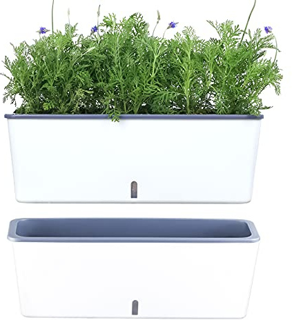 2-pack rektangulär planterare, 43 x 11,5 cm, självvattnande planterare, fönsterbräda, planterare, inomhus, rektangulär, planterare, självvattnande krukor, plastkrukor med dräneringshål, vit blomkruka inomhus